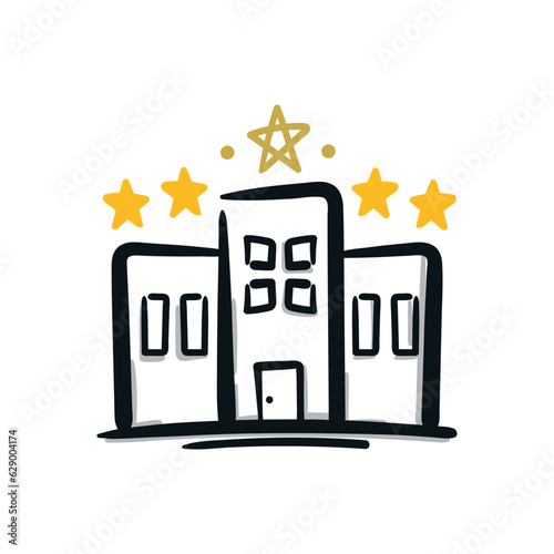 Hotel building hand drawn icon. Five stars hotel doodle line drawing vector illustration