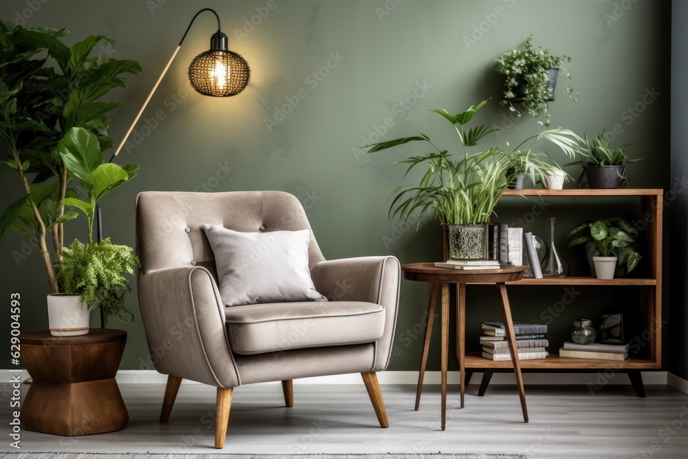 The living room has a trendy and attractive interior design, featuring a stylish armchair, a vintage wooden commode, a round mirror, a shelf, plants, a coffee table, various decorations, a lantern, a