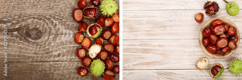 chestnut on old wooden background with copy space for your text. Top view