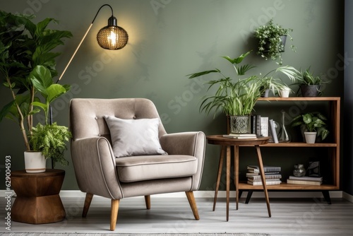The living room has a trendy and attractive interior design, featuring a stylish armchair, a vintage wooden commode, a round mirror, a shelf, plants, a coffee table, various decorations, a lantern, a