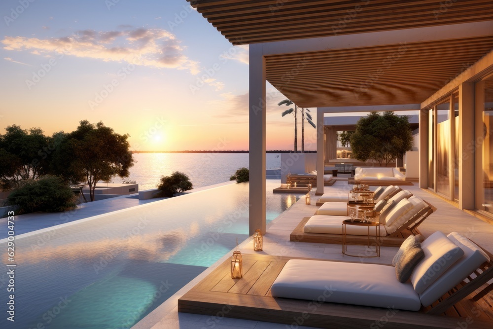 The modern, luxurious patio swimming pool is situated with a beautiful ocean backdrop as the sun sets.