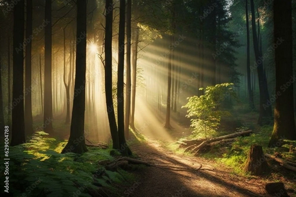Beautiful, meandering forest with sunbeams. Generative AI