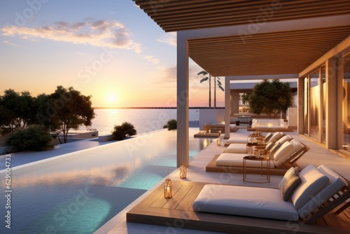 The modern  luxurious patio swimming pool is situated with a beautiful ocean backdrop as the sun sets.