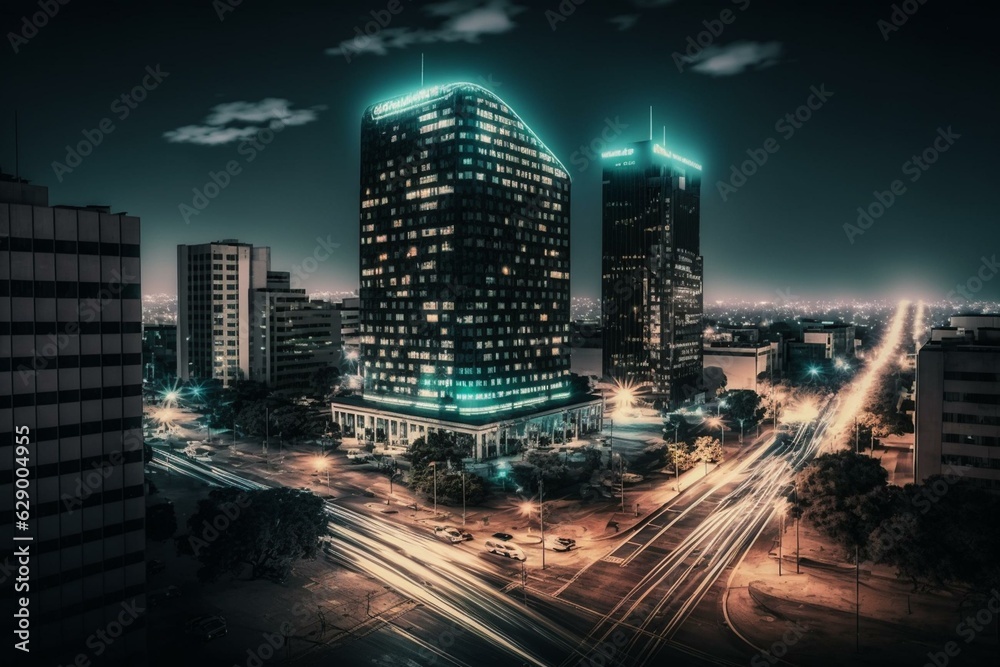 Fototapeta premium Sandton City lit up at night in Johannesburg, South Africa. Generative AI