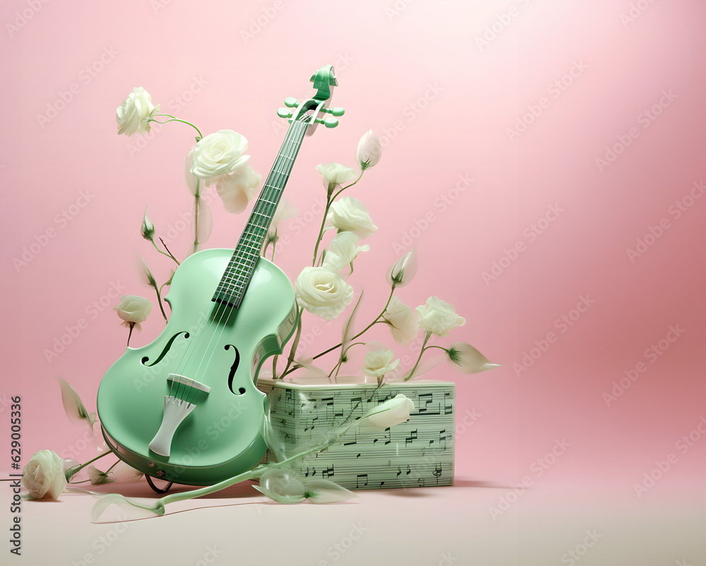 A green violin leaning on notebooks of musical notes and lovely white