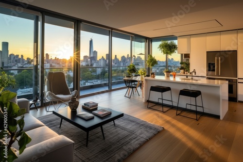 The modern designed apartment has an open living room, and the kitchenette offers a expansive view of the entire space.