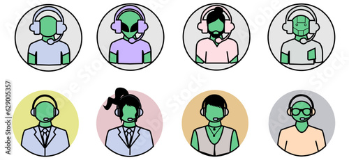 Different people symbol: call center agents, telemarketer operator. Customer support service icon. Green people with Headset, headphone. Service and Support logo.