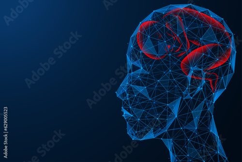 The silhouette of a child inside the head. Low-poly design of interconnected lines and dots. Blue background. photo