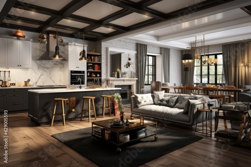 The living room studio in this design concept has a contemporary and fashionable aesthetic, featuring a mix of modern and eclectic elements. It incorporates a kitchen with a kitchen island, adorned