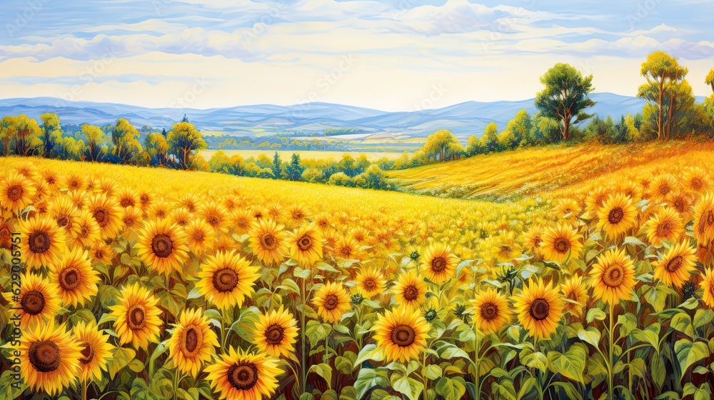 Obraz premium Golden sunflower field. Blossom sunflowers landscape. Hand Paint summer floral Impressionist style. Modern art. AI illustration for book covers, posters, banners and flyers.