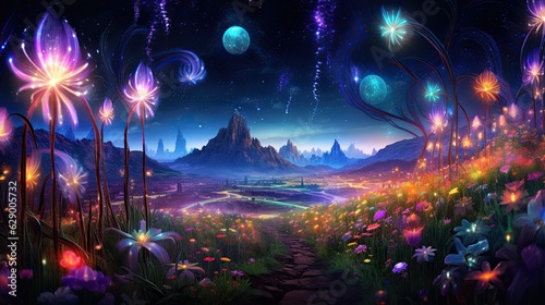 Abstract cosmic landscape of field with blossoming flowers, magical galaxy space or universe. Floral AI illustration. Digital art.. © Oksana Smyshliaeva