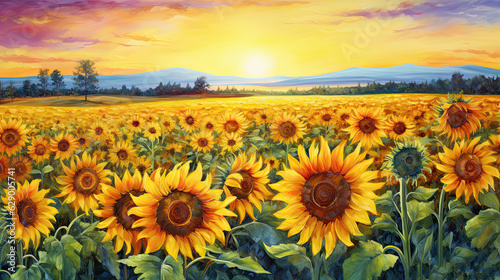 Golden  sunflower  field. Blossom sunflowers landscape. Hand Paint summer floral Impressionist style. Modern art. AI illustration for book covers  posters  banners and flyers.