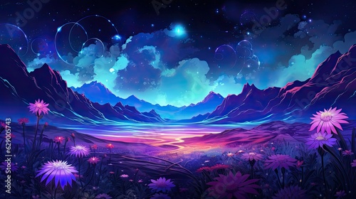 Abstract cosmic landscape of field with blossoming flowers  magical galaxy space or universe. Floral AI illustration. Digital art..