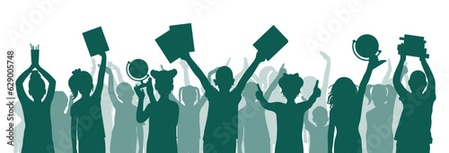 Back to school. Happy school children or first graders with books, globe, etc. (school supplies) on background of cheerful crowd of children. Silhouette. Vector illustration.