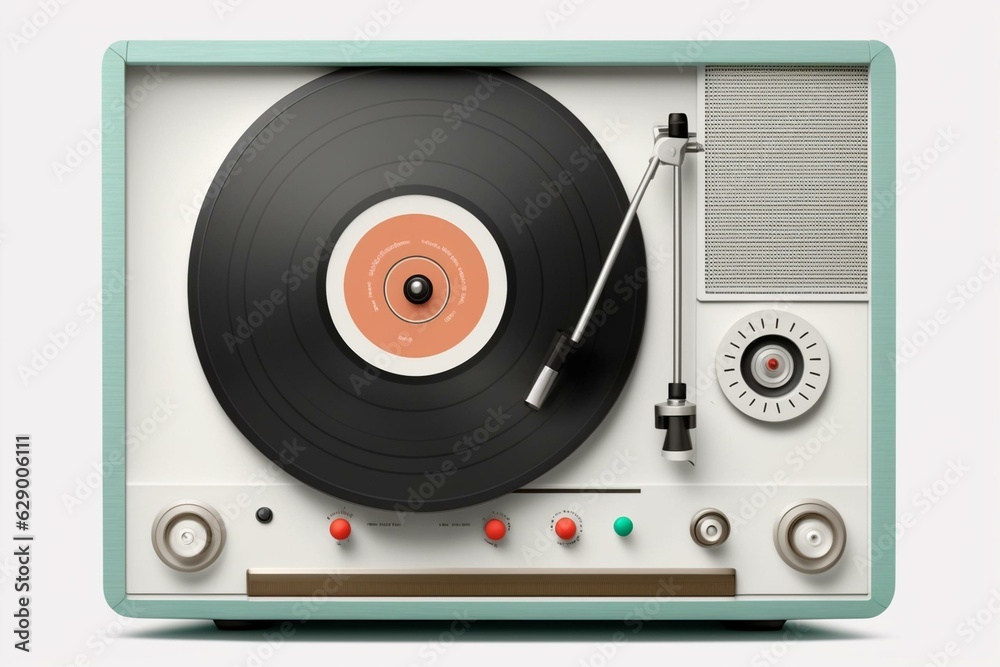 Fototapeta premium Retro vinyl record player on white background. Generative AI
