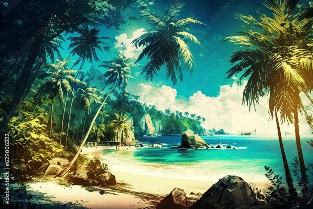 Stunning tropical coastline with swaying palms. High-tech artwork. Picture of summer holidays. Generative AI