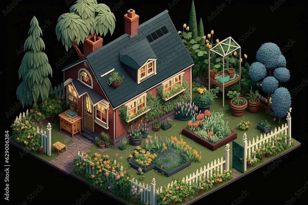 A charming isometric home and garden. Generative AI