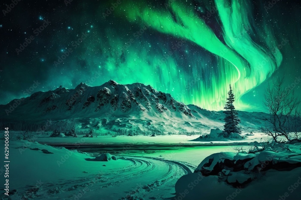 Stunning green Aurora borealis over snowy landscape with space for text. Generative AI