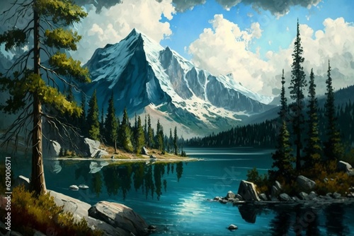 A landscape painting depicts a lake, mountain, forest, trees, rocks, blue sky & clouds. Generative AI