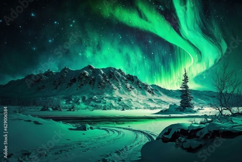 Stunning green Aurora borealis over snowy landscape with space for text. Generative AI