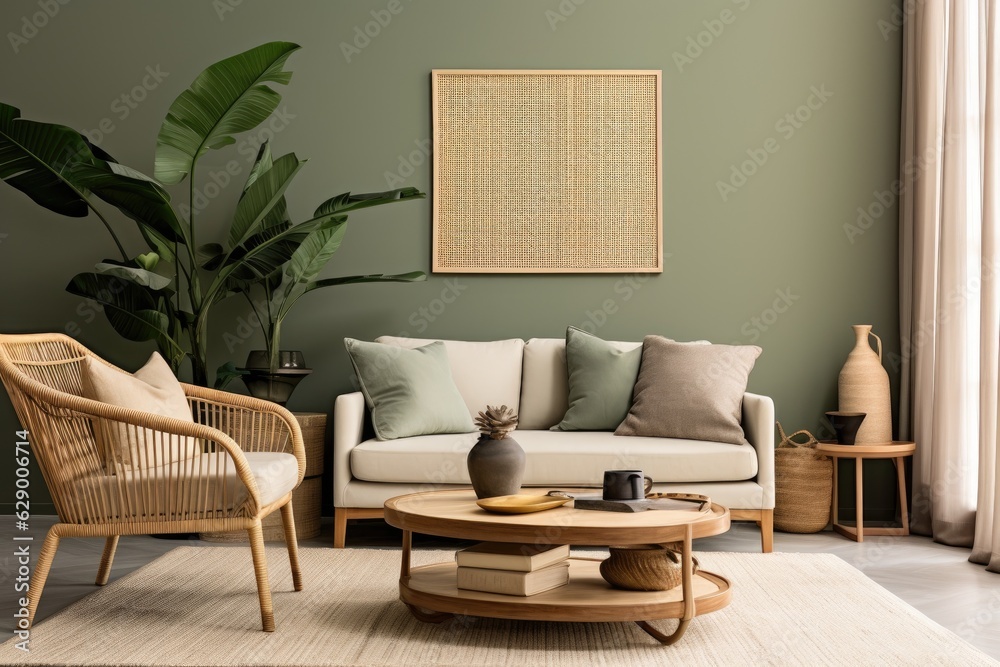 The living room has a modern and sleek design with a rattan armchair, a black coffee table, a tropical plant in a basket, a beige macrame hanging on the wall, and classy decorative items. The wall is