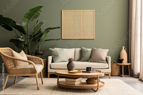 Fotografia The living room has a modern and sleek design with a rattan armchair, a black coffee table, a tropical plant in a basket, a beige macrame hanging on the wall, and classy decorative items