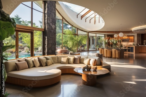 The luxurious interior of the house draws attention to the living room, particularly the sofa and accompanying pillows, positioned next to a round table resting on the carpet by the kitchen. Adjacent © 2rogan