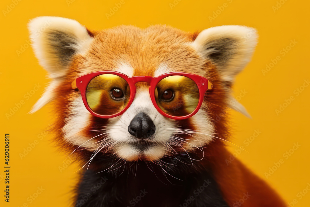 Cool red panda wearing sunglasses, an endangered mammal in China's bamboo forest. Adorable and playful with fur, eyes, nose, and ears. AI Generative.