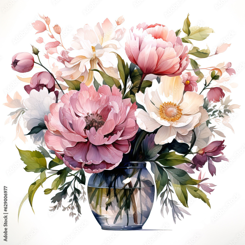Flowers watercolor glass jar with garden flowers and leaves, greeting card, invitation, poster, wedding decoration and other images. Flowers watercolor glass jar with garden flowers and leaves, greeting card, invitation, poster, wedding decoration and other images.