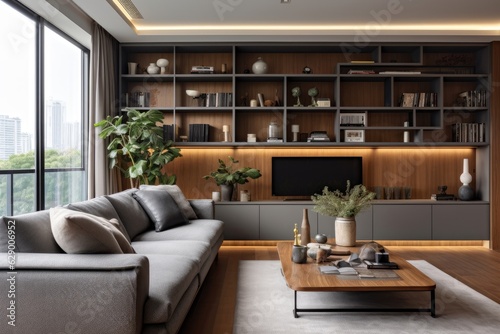 The living room has a contemporary design featuring stylish grey sofas, a large window, and a compact shelving unit. © 2rogan
