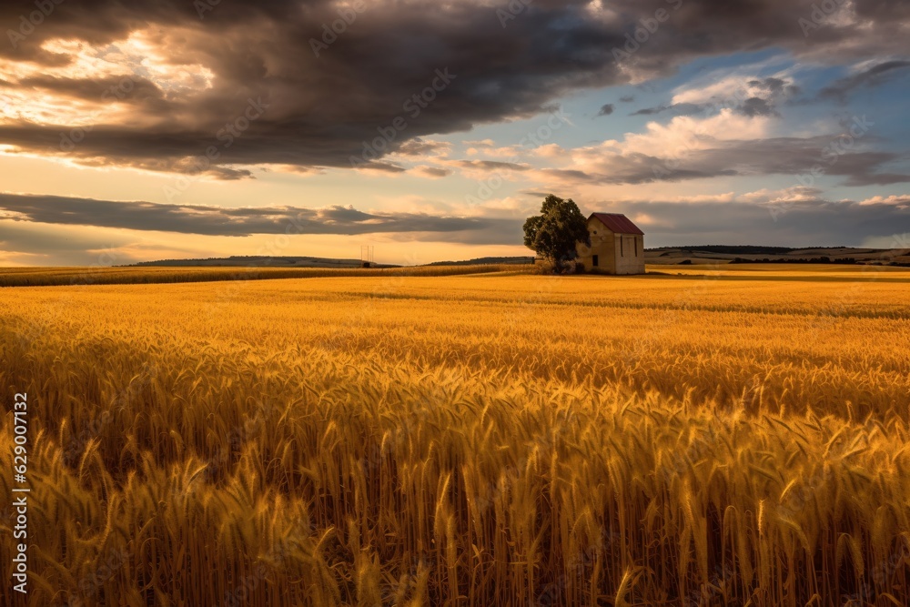 Wheat field. Evening over golden wheat fields. Farming, agriculture farm. golden pure wheat field , landscape wheat summer field sun sky nature, rustic background.