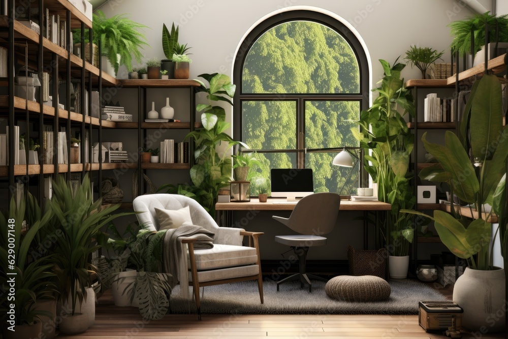 The open living room features a home office desk adorned with a mockup computer, green plants, and decorative items.