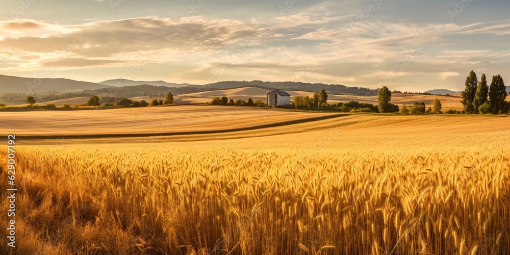 Wheat field. Evening over golden wheat fields. Farming, agriculture farm. golden pure wheat field , landscape wheat summer field sun sky nature, rustic background.