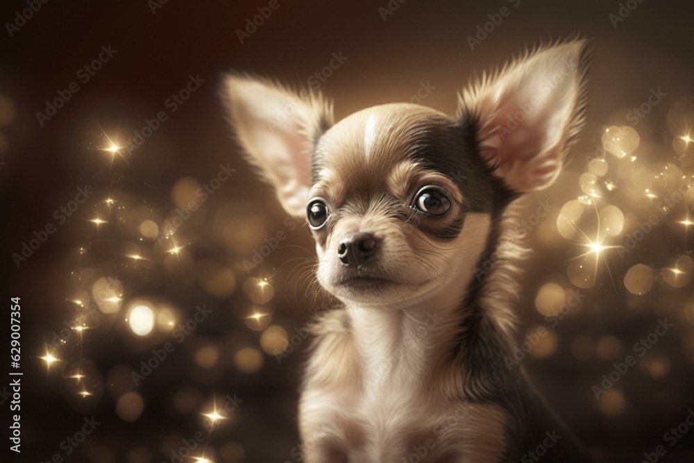 A tiny Chihuahua puppy gazes mesmerized at the sparkling lights ahead. Generative AI