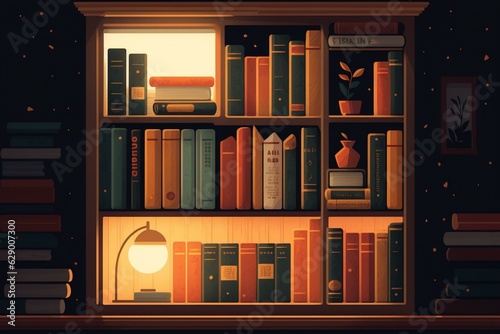 Illustration of a spacious bookshelf. Generative AI