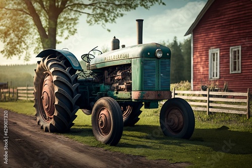 Vintage farm tractor parked on rural road. Generative AI