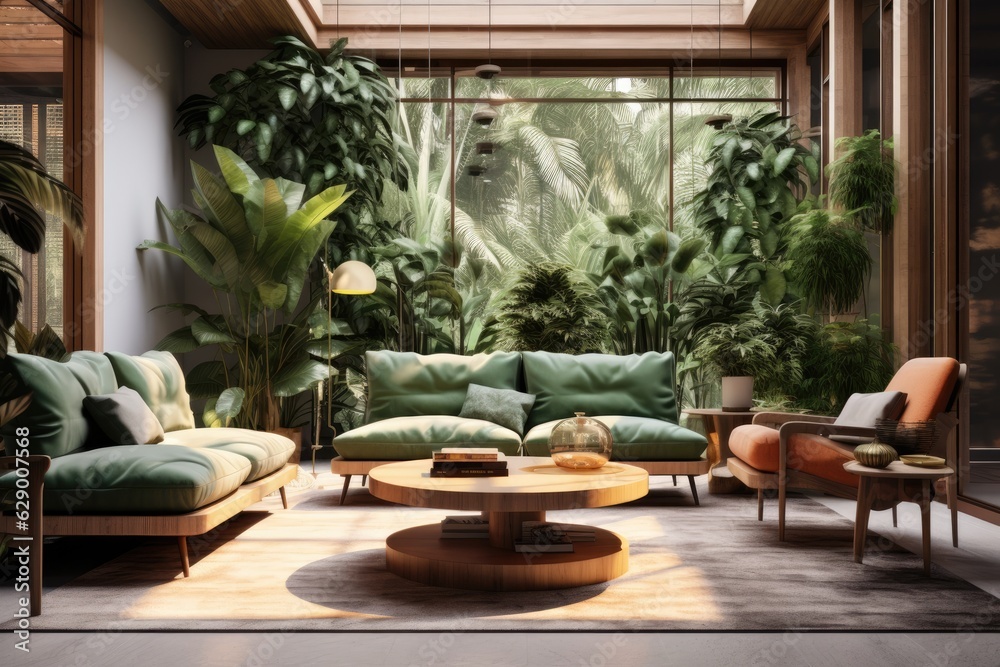 The low angle view of a stylish living room interior showcases gorgeous green leaves of tropical plants.