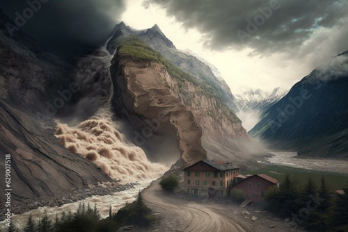 Destructive landslide from mountain. Generative AI photo