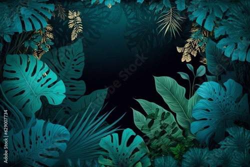 Tropical backdrop with turquoise hues surrounded by lush foliage. Free space for text. Generative AI