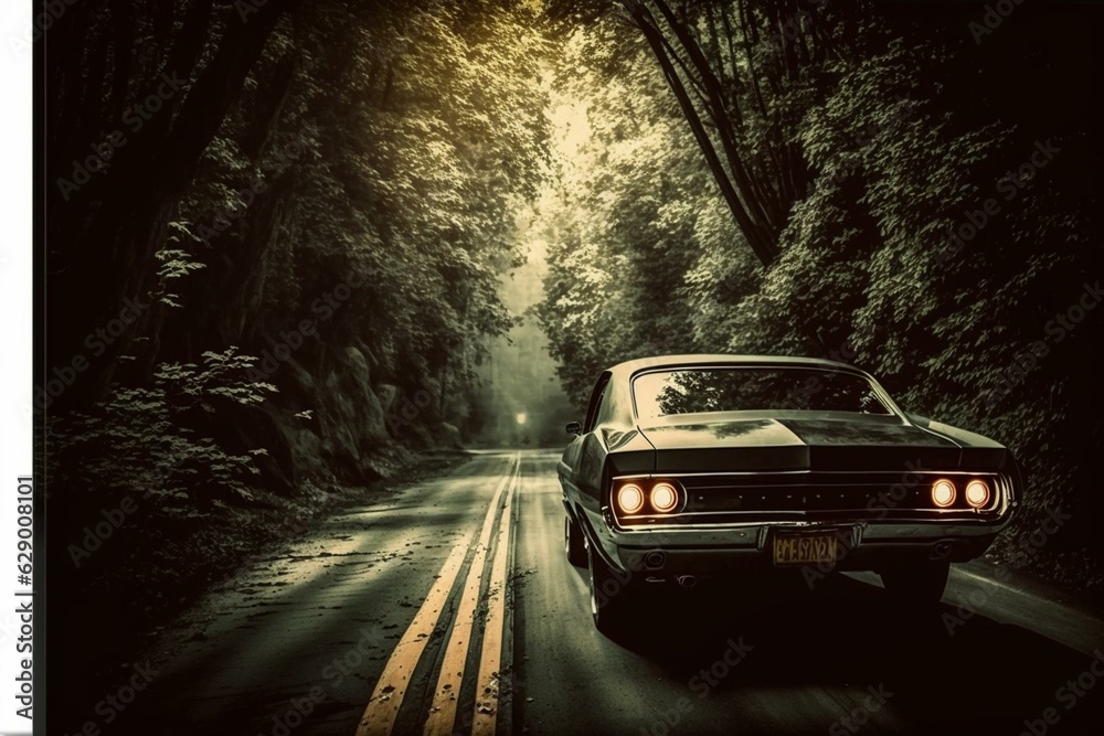 Retro muscle car driving on woodland road from behind. Generative AI