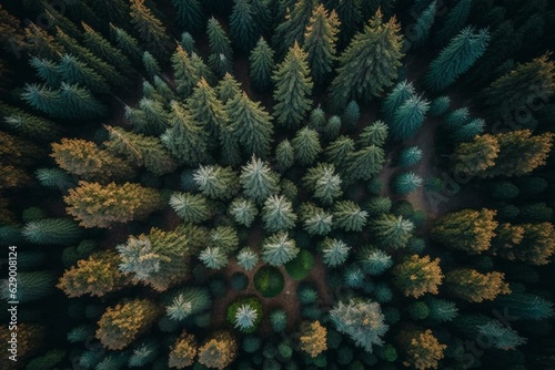 Aerial view of a pine forest during flight. Generative AI