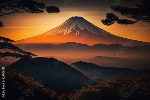 Image of Mt. Fuji and sunrise with keywords: Japan, landscape, mountain, sunrise, dawn, scenery, nature, travel, beauty, morning. Generative AI