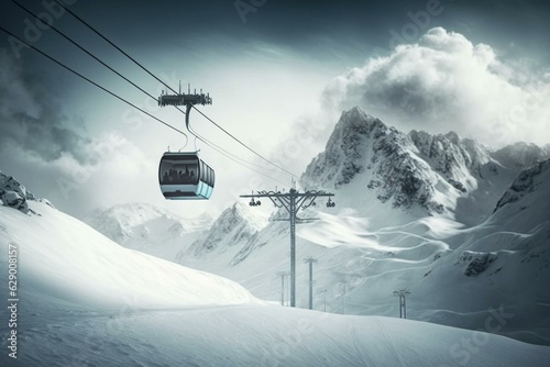 Ski lift in high-altitude mountains surrounded by snow. Generative AI