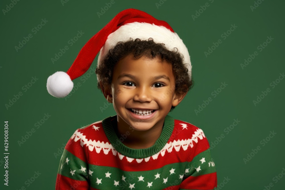 Portrait of a fictional happy young child wearing Santa hat and decorated winter pullover for Christmas. Isolated on a plain colored background. Generative AI. Portrait of a fictional happy young child wearing Santa hat and decorated winter pullover for Christmas. Isolated on a plain colored background. Generative AI.