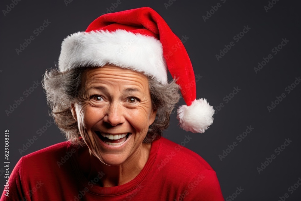 Portrait of a fictional old person wearing Santa hat and decorated winter pullover for Christmas. Isolated on a plain colored background. Generative AI. Portrait of a fictional old person wearing Santa hat and decorated winter pullover for Christmas. Isolated on a plain colored background. Generative AI.