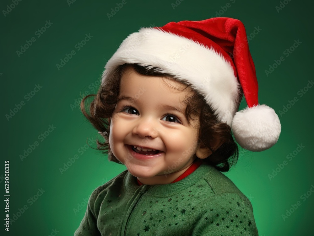 Portrait of a fictional happy young child wearing Santa hat and decorated winter pullover for Christmas. Isolated on a plain colored background. Generative AI. Portrait of a fictional happy young child wearing Santa hat and decorated winter pullover for Christmas. Isolated on a plain colored background. Generative AI.