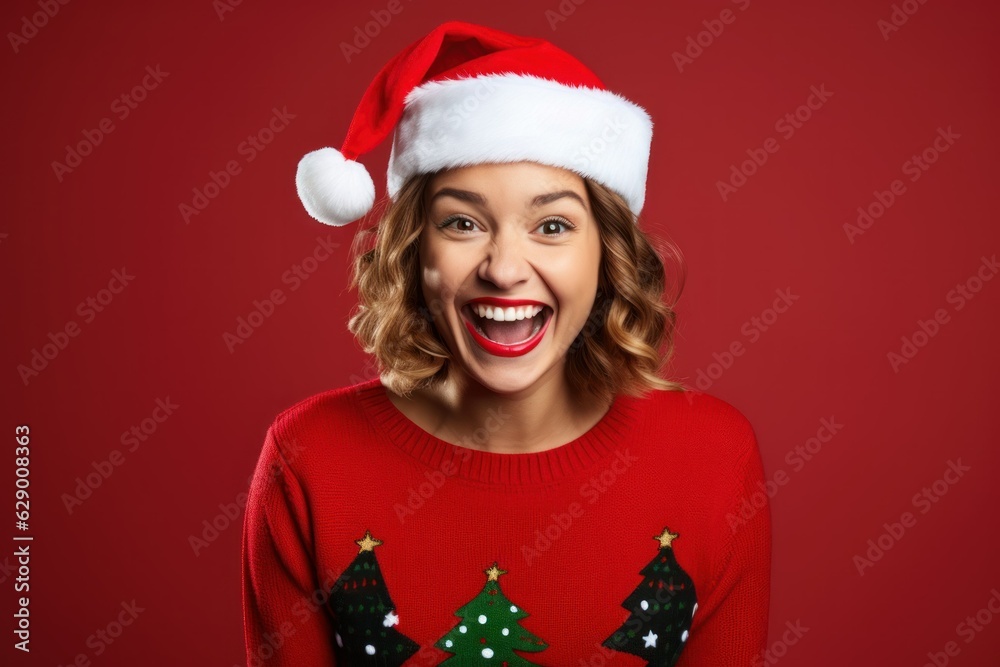 Portrait of a fictional happy woman wearing Santa hat and decorated winter pullover for Christmas. Isolated on a plain colored background. Generative AI. Portrait of a fictional happy woman wearing Santa hat and decorated winter pullover for Christmas. Isolated on a plain colored background. Generative AI.