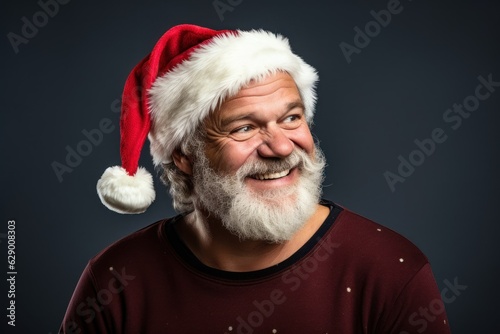 Portrait of a fictional wearing Santa hat and decorated winter pullover for Christmas. Isolated on a plain colored background. Generative AI.