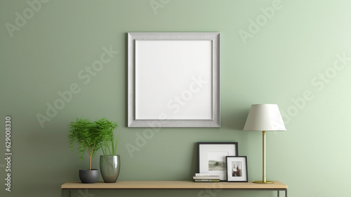 Empty photo picture frame mockup on modern  Interior background. Copy space. Generative AI © Odin