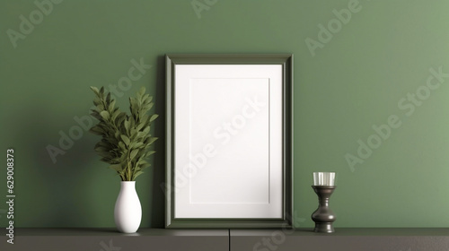 Interior modern classic green room with empty white frame mockup. Copy space. Generative AI photo